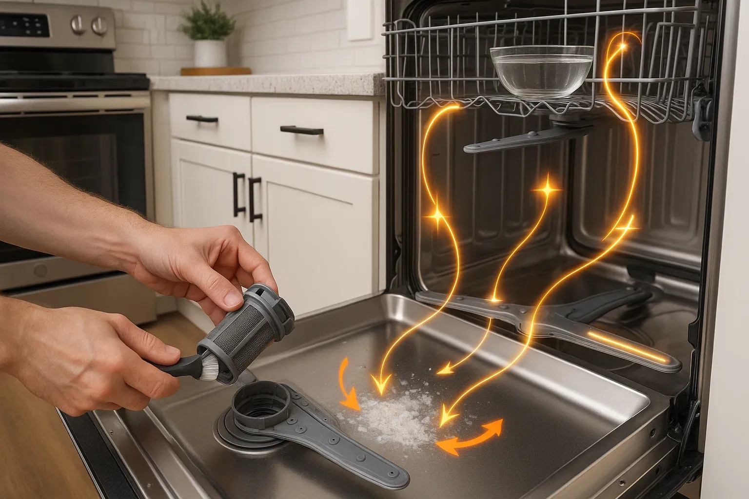 Citrus Heights dishwasher maintenance – cleaning filters every 4–6 weeks, running monthly vinegar cycle, and checking spray arms for clogs to prevent noise and motor strain.