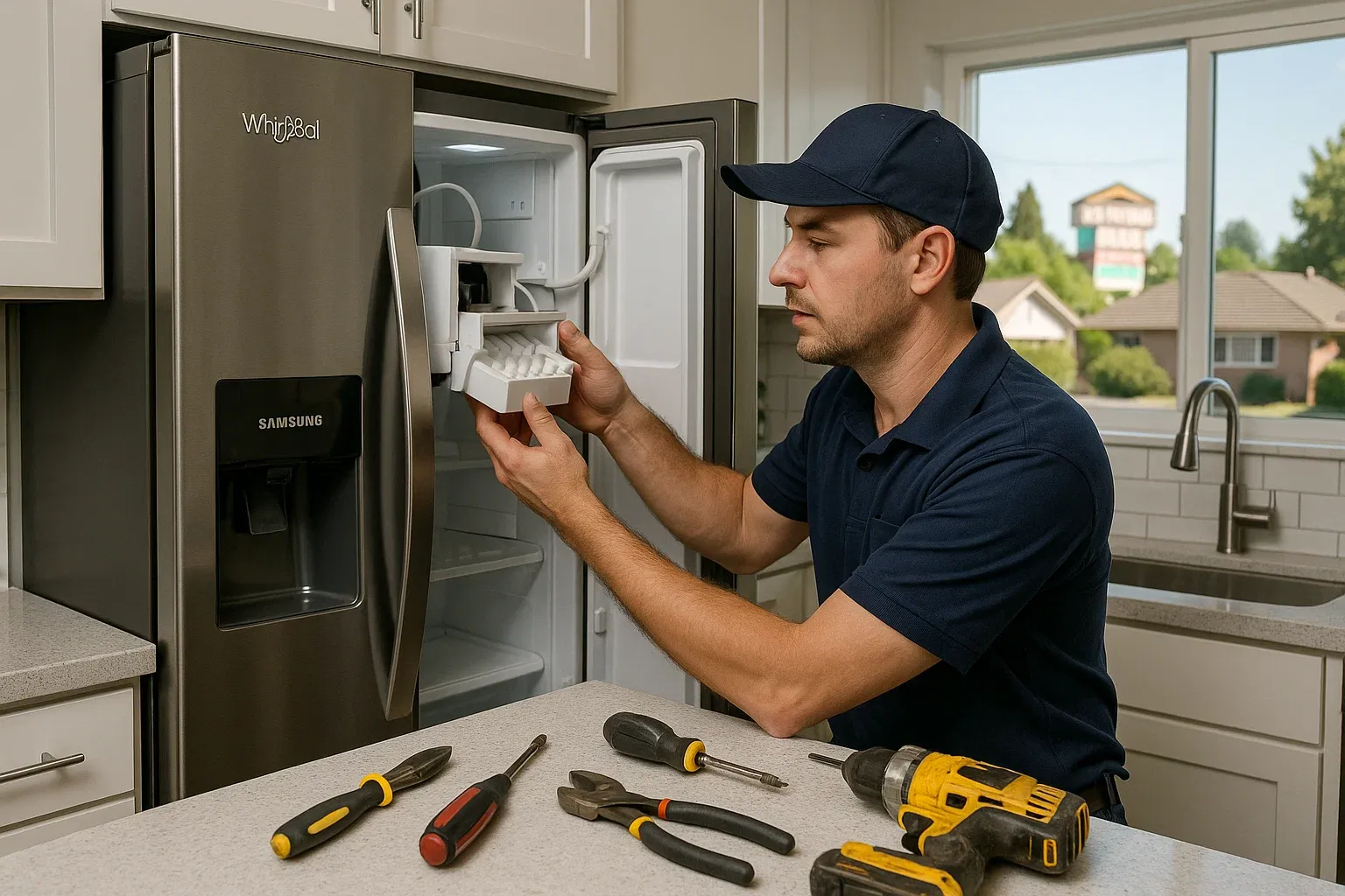 Same-day Whirlpool and Samsung ice maker repair in Citrus Heights – technician fixing freezer water line and calibrating ice maker near Sunrise Mall.