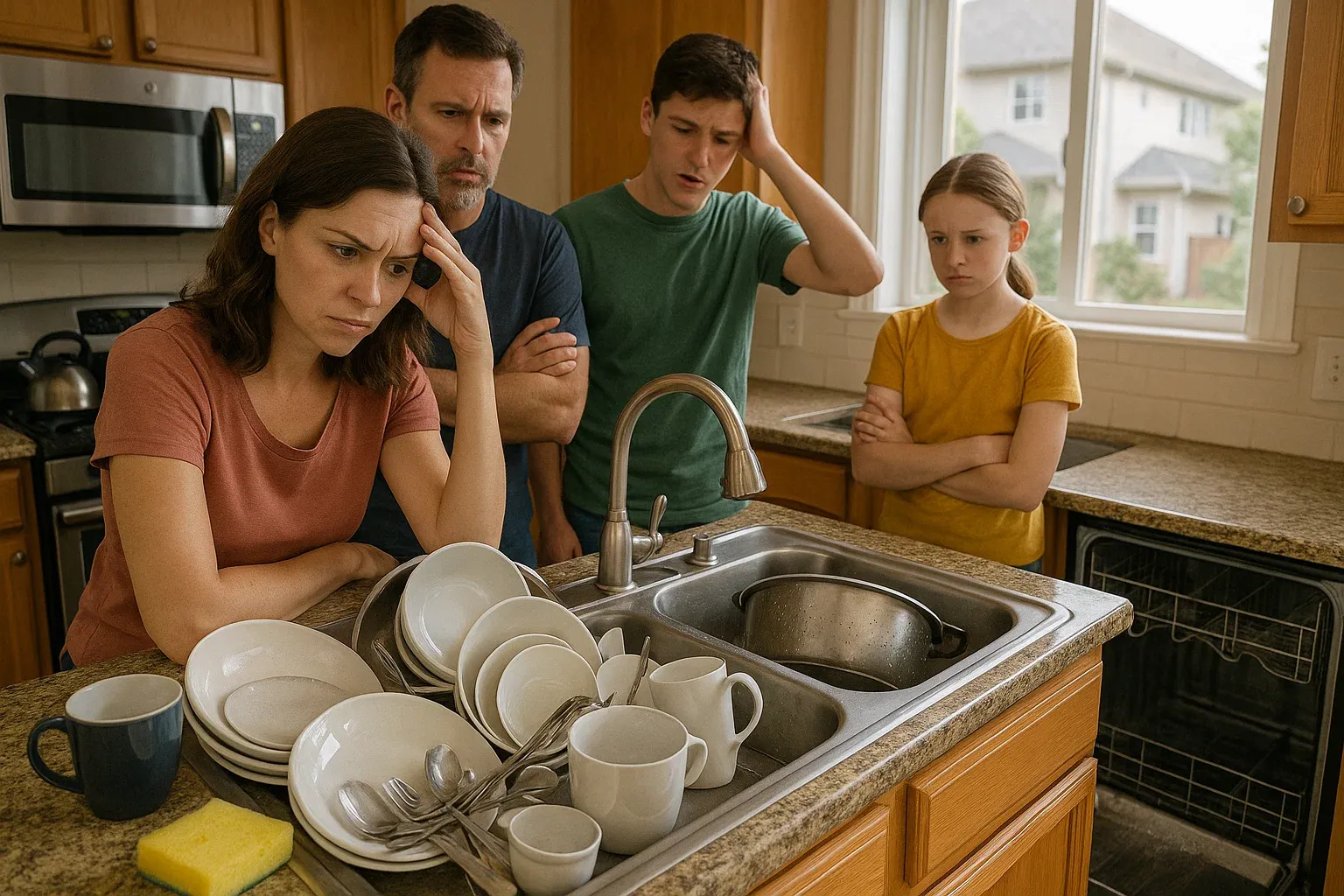 Importance of quick dishwasher repair in Elk Grove – family kitchen disrupted by broken appliance with dishes piled up in sink.