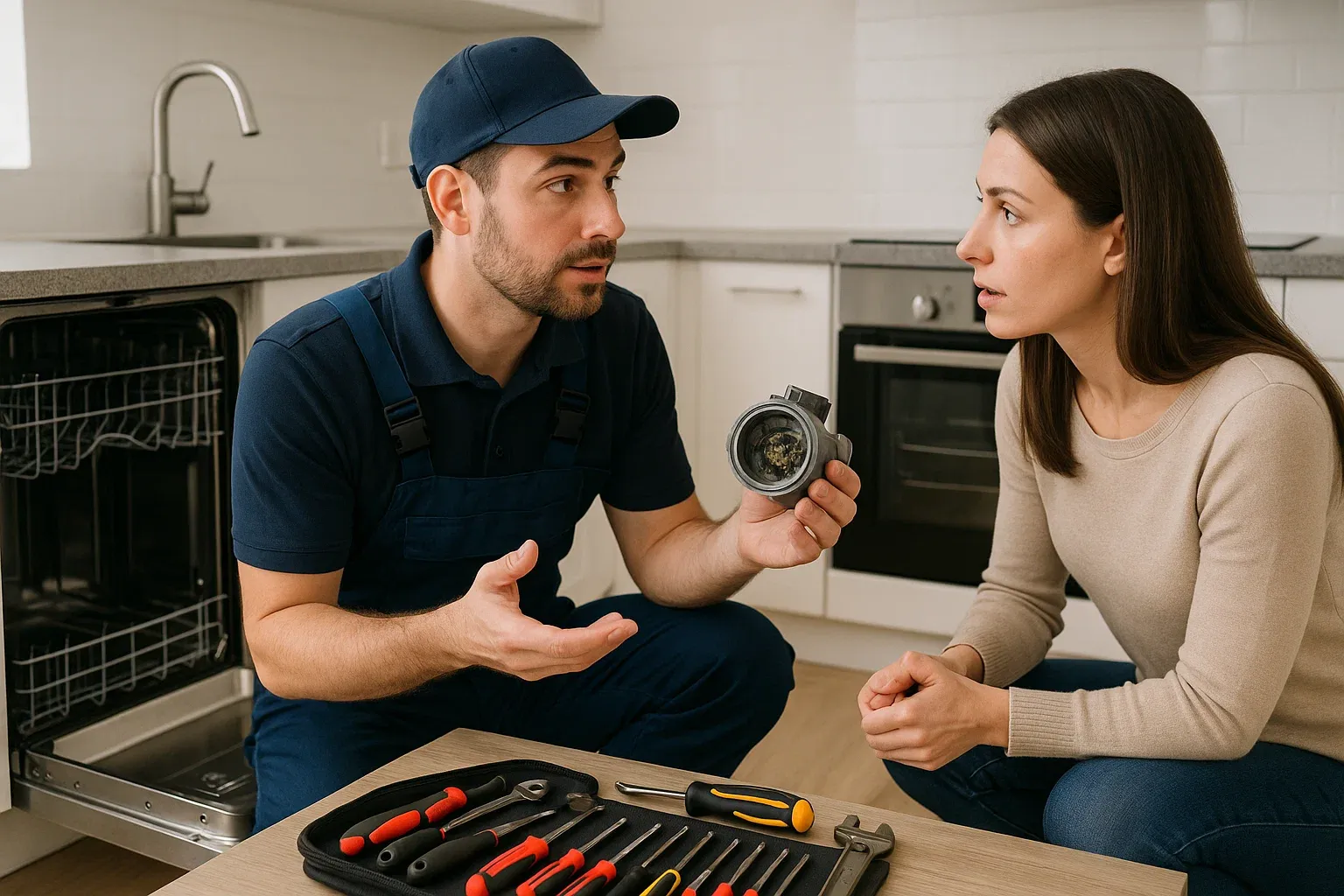 Dishwasher repair visit in Elk Grove – technician diagnosing clogged pump, explaining issue to homeowner, and completing same-day service.
