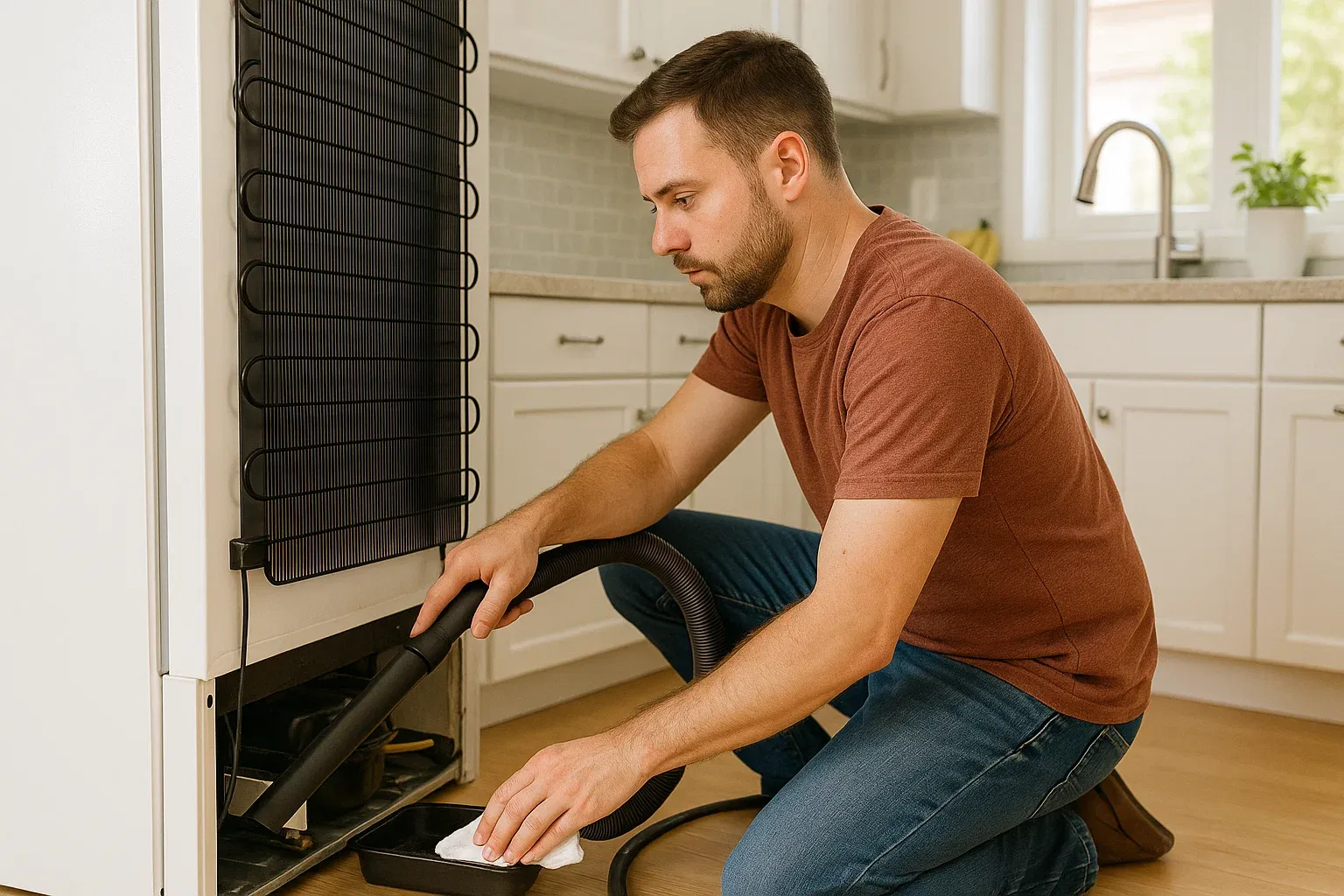 Cleaning refrigerator coils and drip pan in Elk Grove to improve cooling and prevent mold.