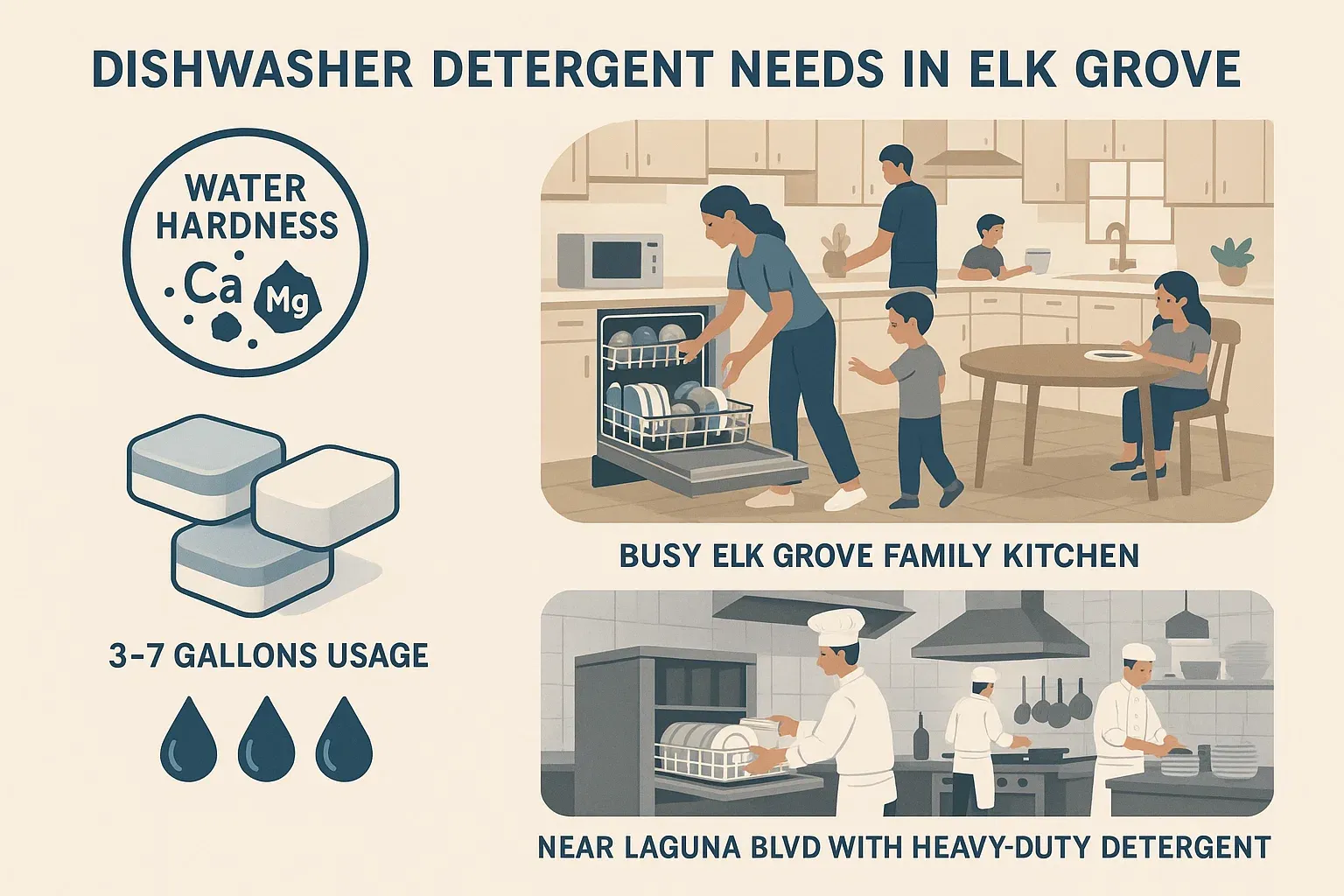 Dishwasher detergent needs in Elk Grove with focus on hard water, busy family load sizes, energy use, and commercial kitchen requirements.