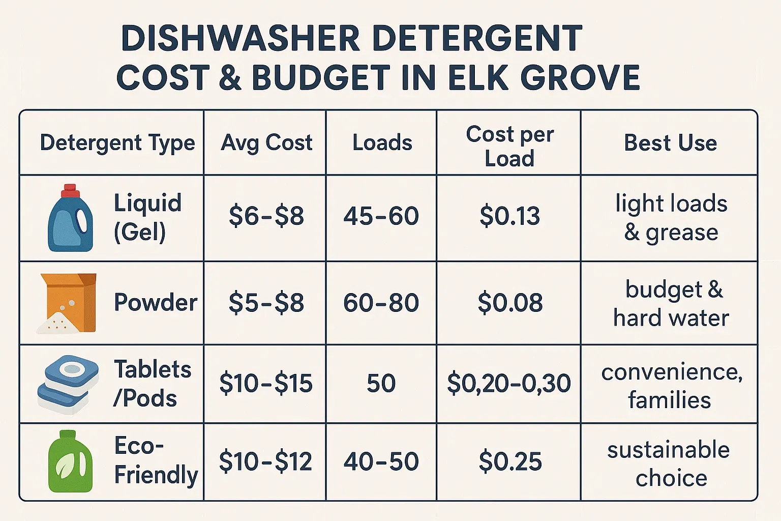 Dishwasher detergent cost and budget comparison chart in Elk Grove showing liquid, powder, pods, and eco-friendly options with cost per load.