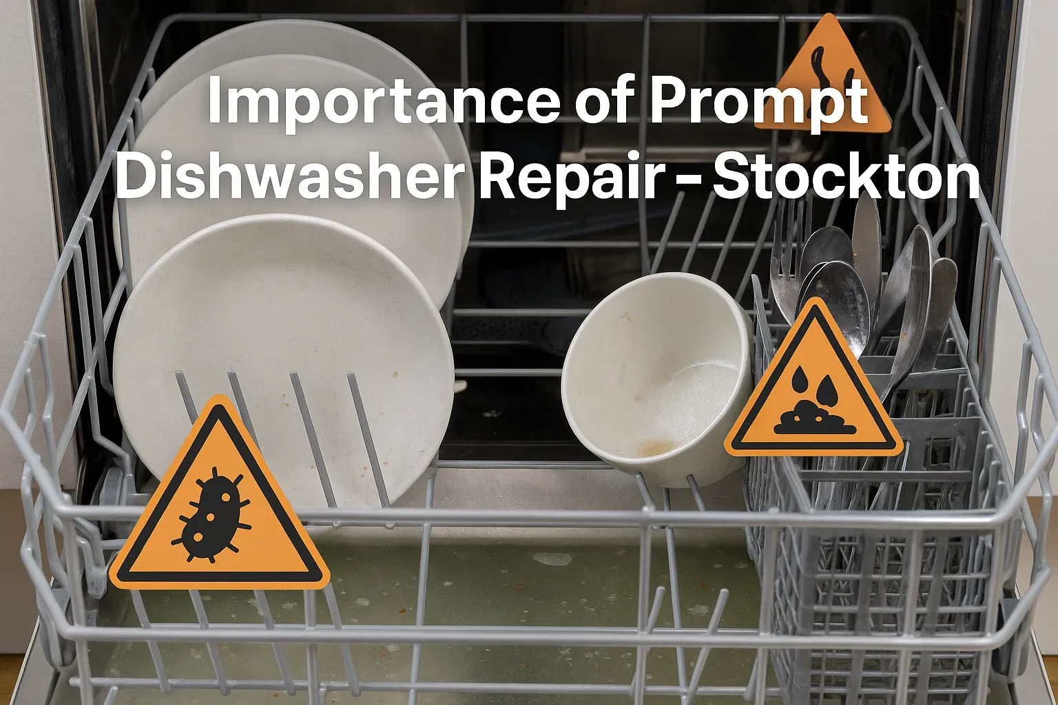 Broken dishwasher in Stockton kitchen with dirty dishes and hard water buildup, highlighting need for prompt repair to prevent health risks and costly damage.