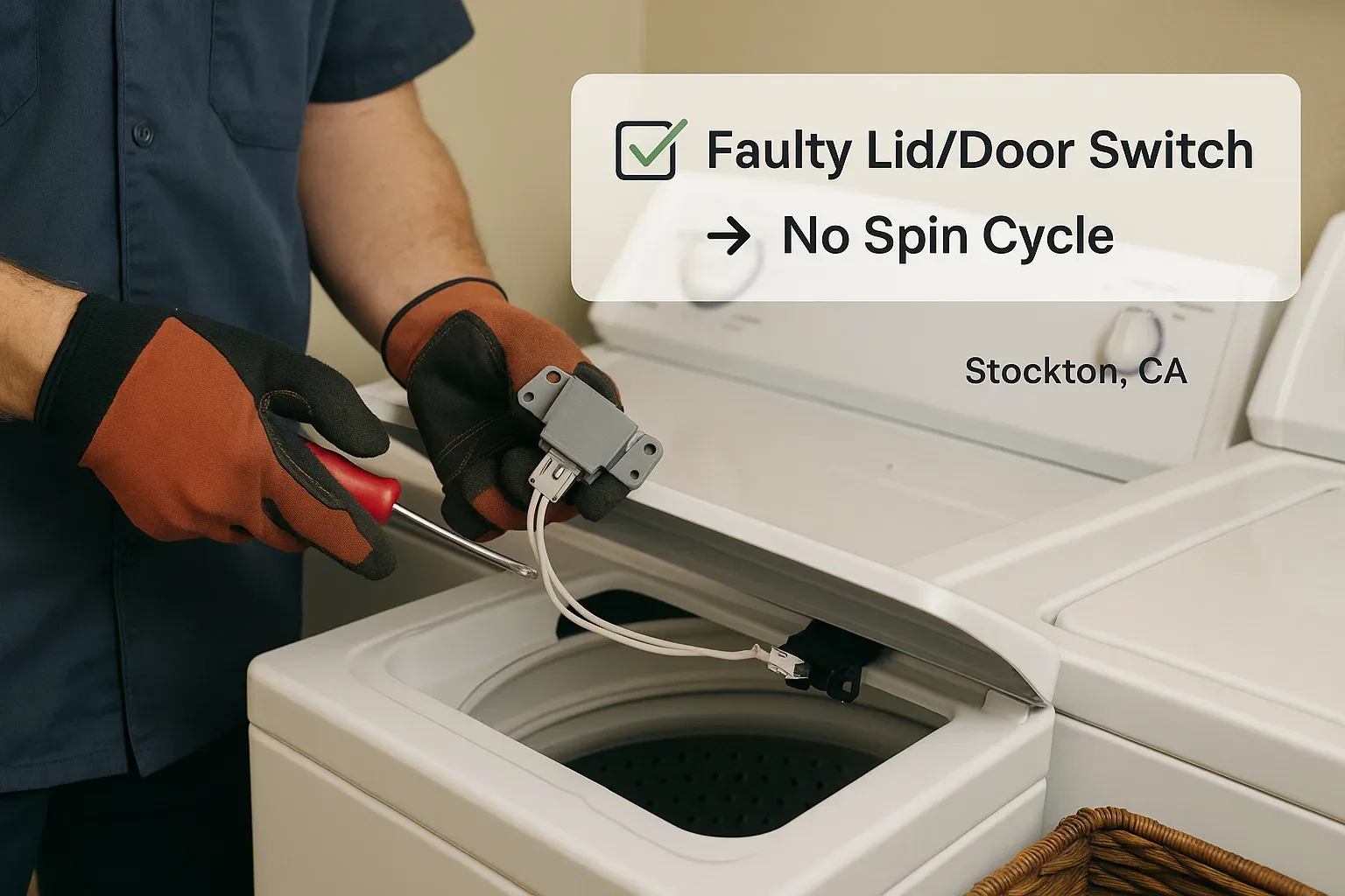Stockton washer repair showing faulty lid switch inspection causing washer not spinning.