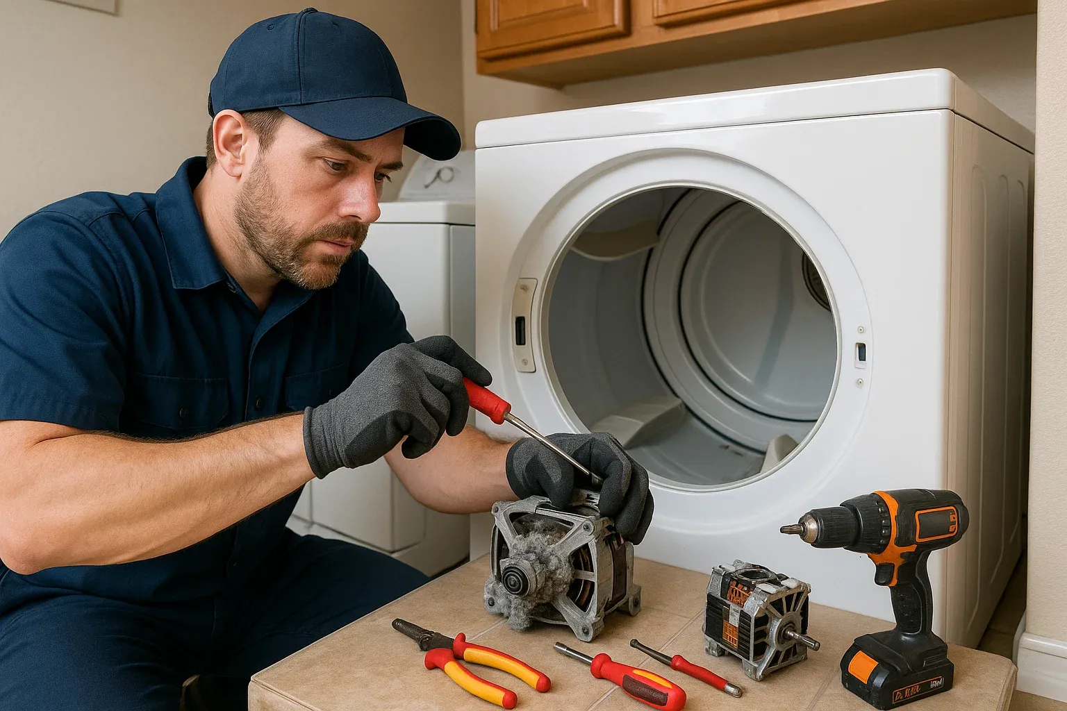Dryer motor repair in Citrus Heights 95621 after lint buildup caused overheating and stopped drum movement.