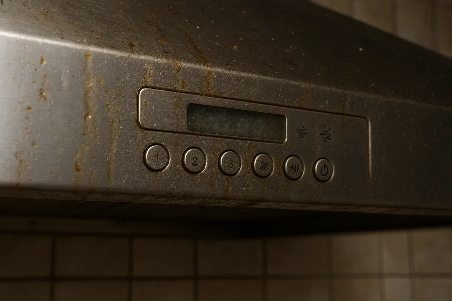 Faulty range hood control panel in Citrus Heights with unresponsive buttons, dim display, and fan speed issues due to grease and moisture.