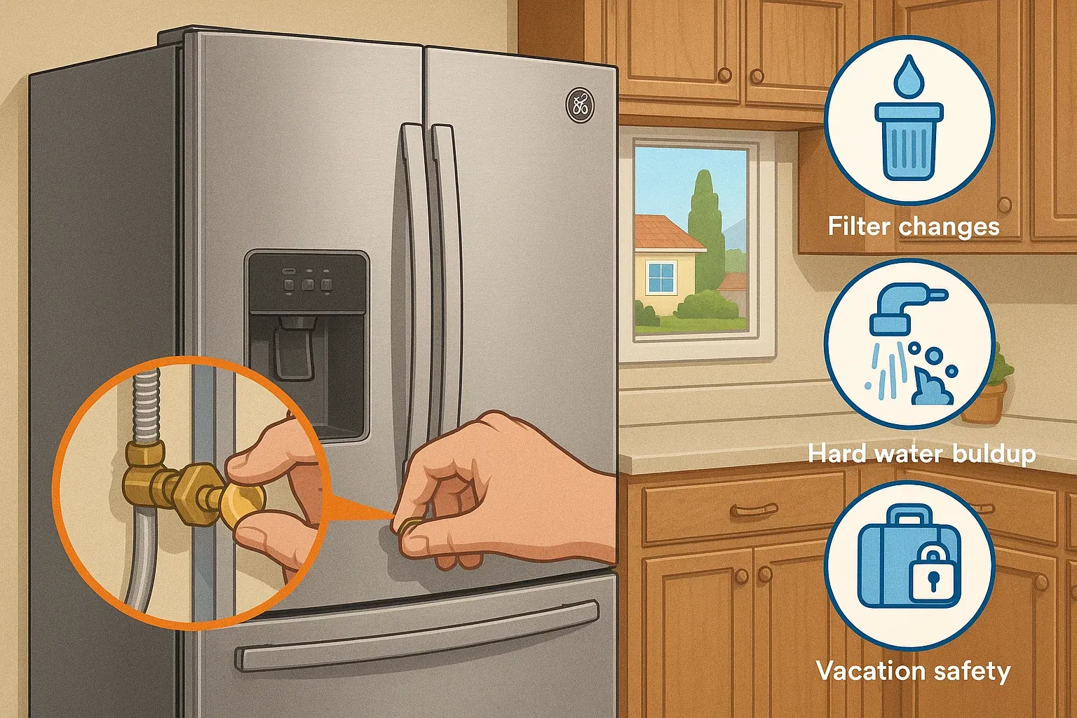 Turning off GE refrigerator water supply valve in Sacramento home to prevent leaks, hard water damage, and costly fridge repairs.