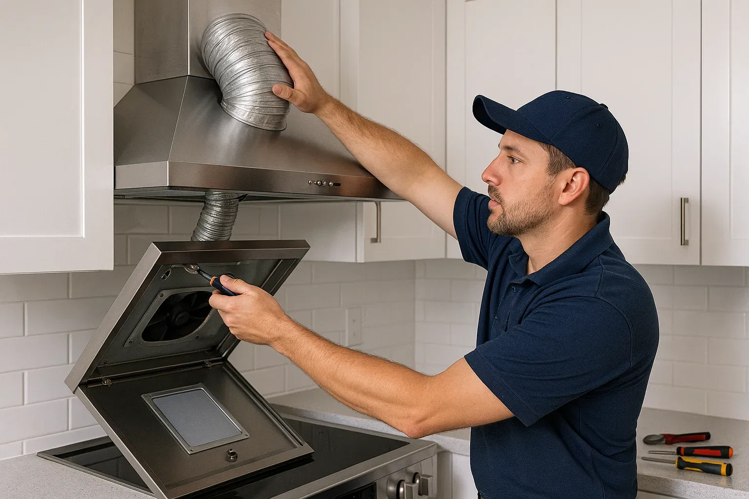 Range hood extra maintenance services in Sacramento including air duct repair, hinge replacement, and exhaust fan panel cleaning.