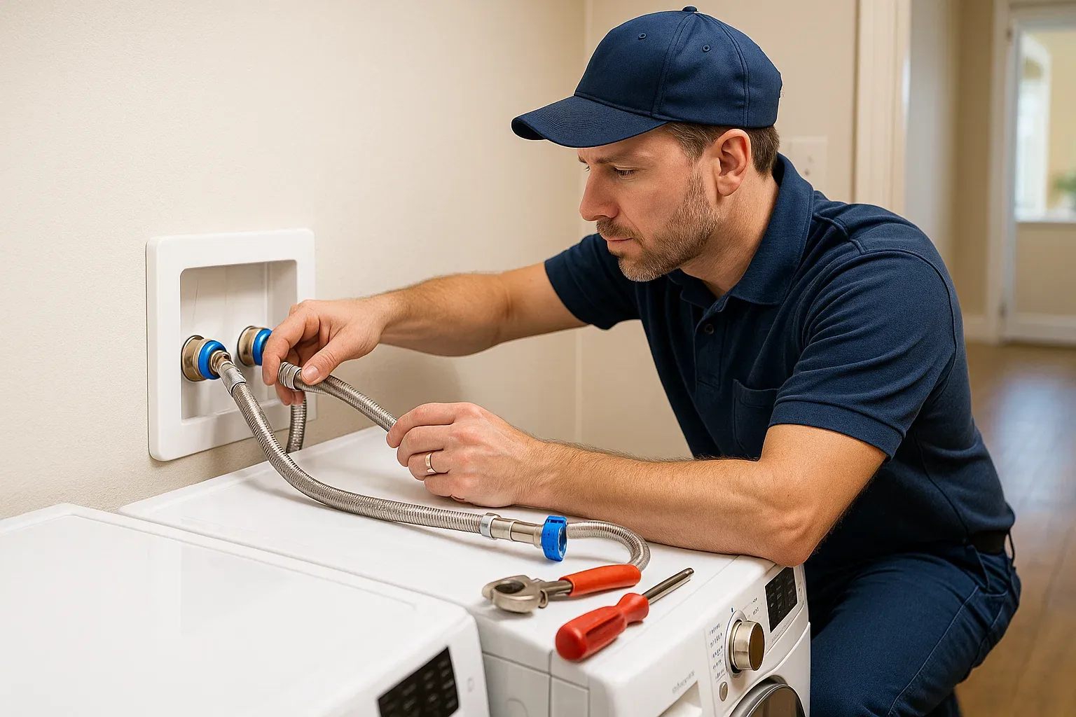 Professional washer and dryer hookup in Sacramento with technician securing water inlet valves and hoses to prevent leaks.