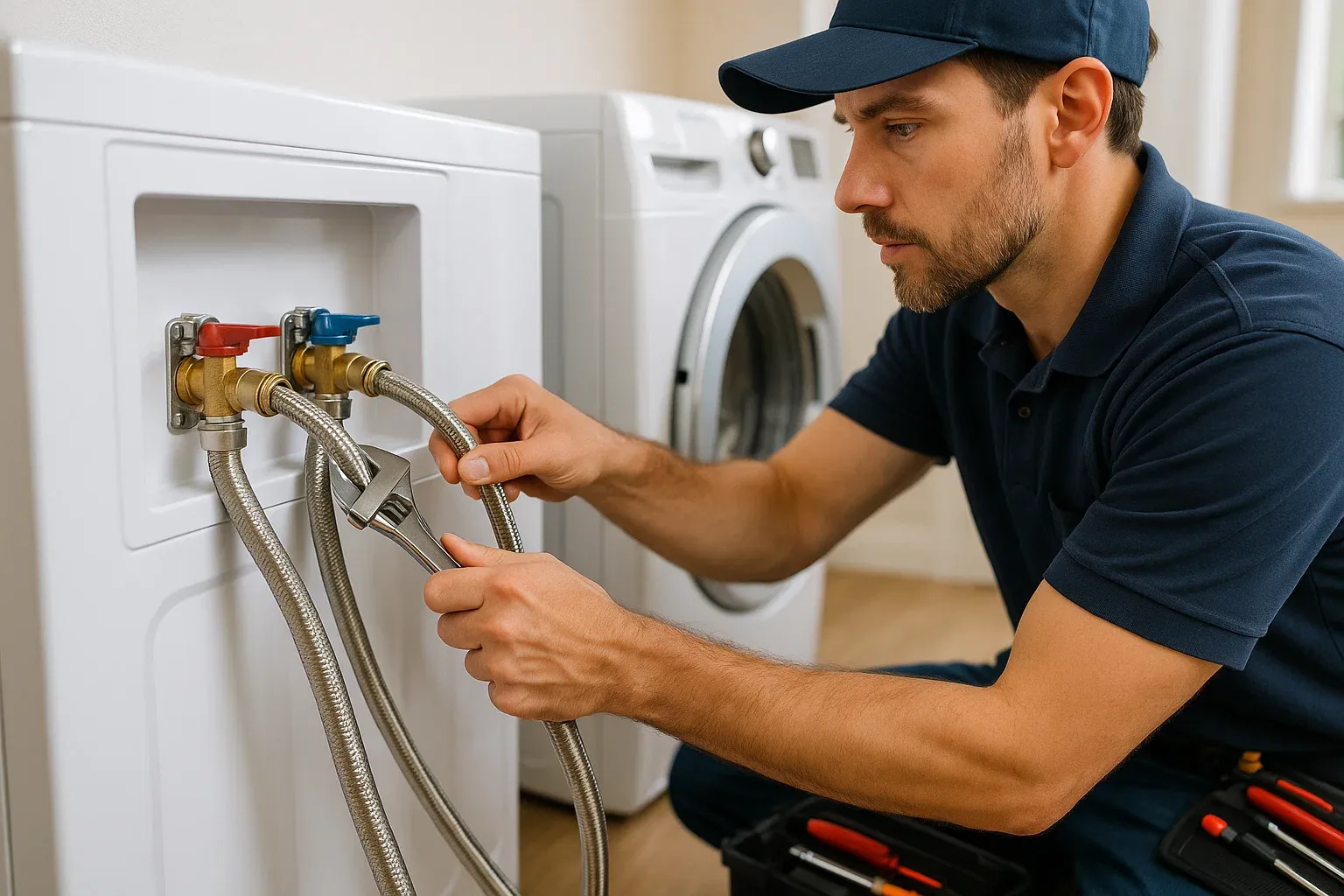 DIY washer and dryer hookup in Sacramento showing water line, dryer vent, and electrical outlet setup.
