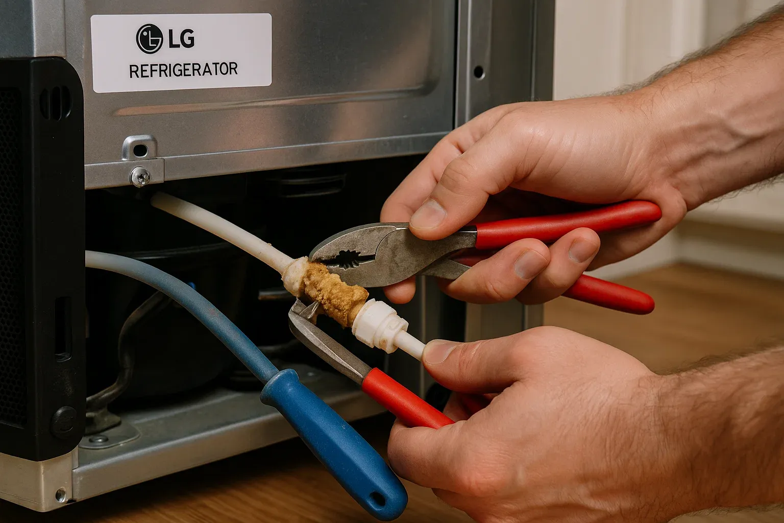 Clogged LG refrigerator water line being cleaned in Sacramento home to fix ice maker problem.
