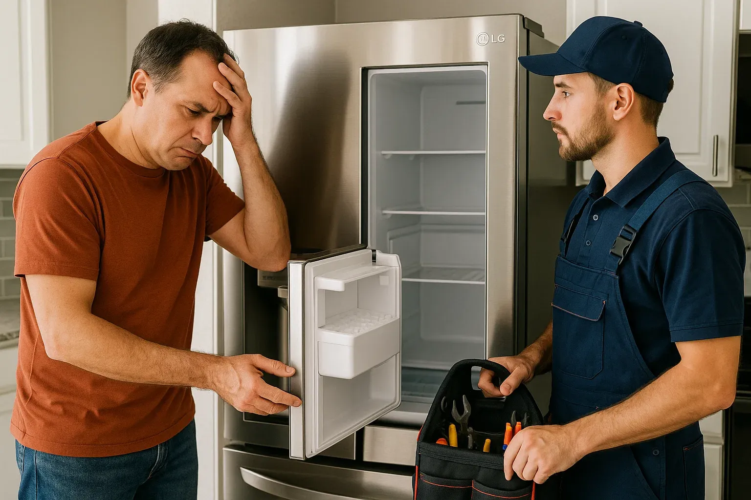 LG refrigerator ice maker not working in Sacramento, technician called for professional repair service.