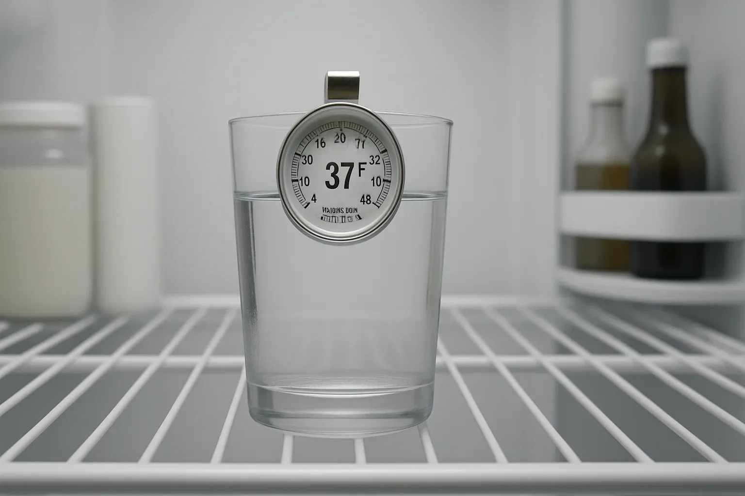 Thermometer submerged in a water glass on the middle shelf showing 37°F