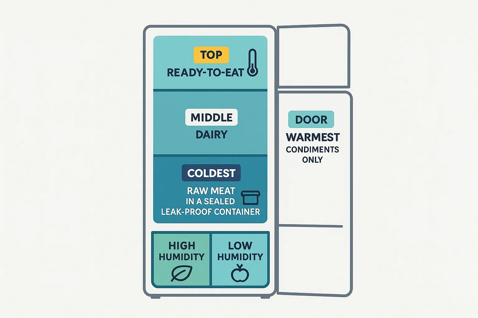 Animated cutaway diagram labeling refrigerator storage zones and crisper humidity